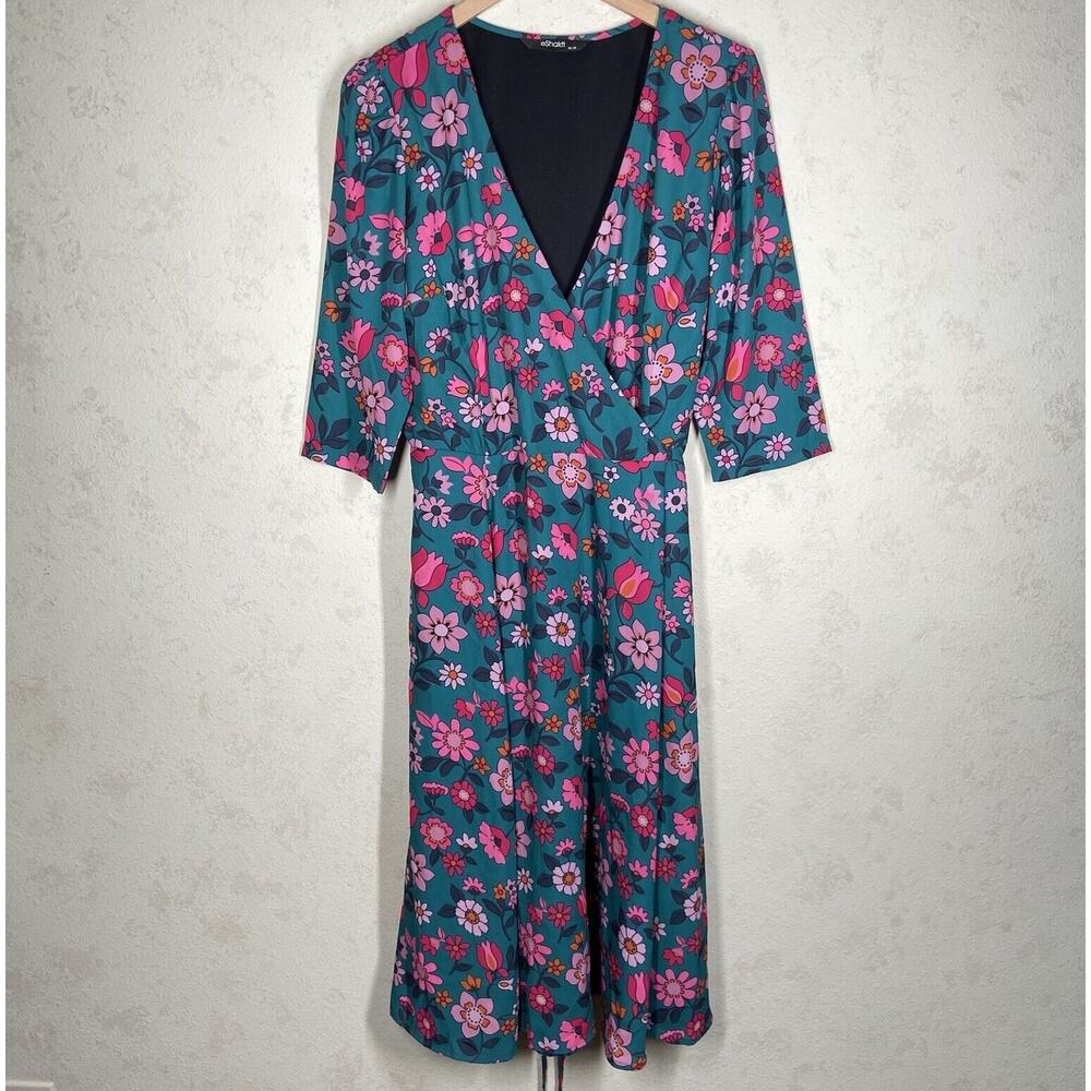 eShakti XL 18 Green Floral Daisy Retro Wrap Dress